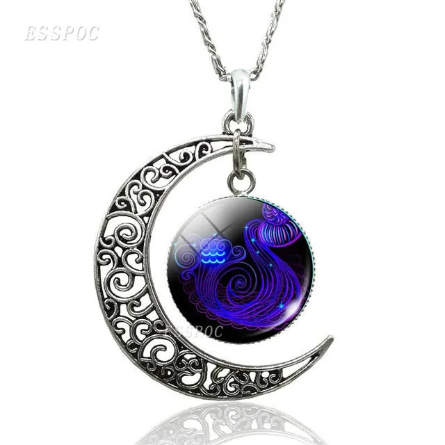 12 Constellation Necklace Zodiac Signs Cabochon Glass Crescent Moon Pendant Clavicle chain Necklace Birthday Gifts for Women