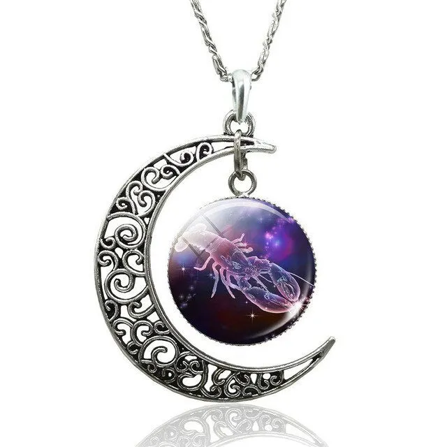 12 Constellation Necklace Zodiac Signs Cabochon Glass Crescent Moon Pendant Clavicle chain Necklace Birthday Gifts for Women