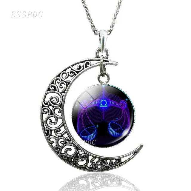 12 Constellation Necklace Zodiac Signs Cabochon Glass Crescent Moon Pendant Clavicle chain Necklace Birthday Gifts for Women