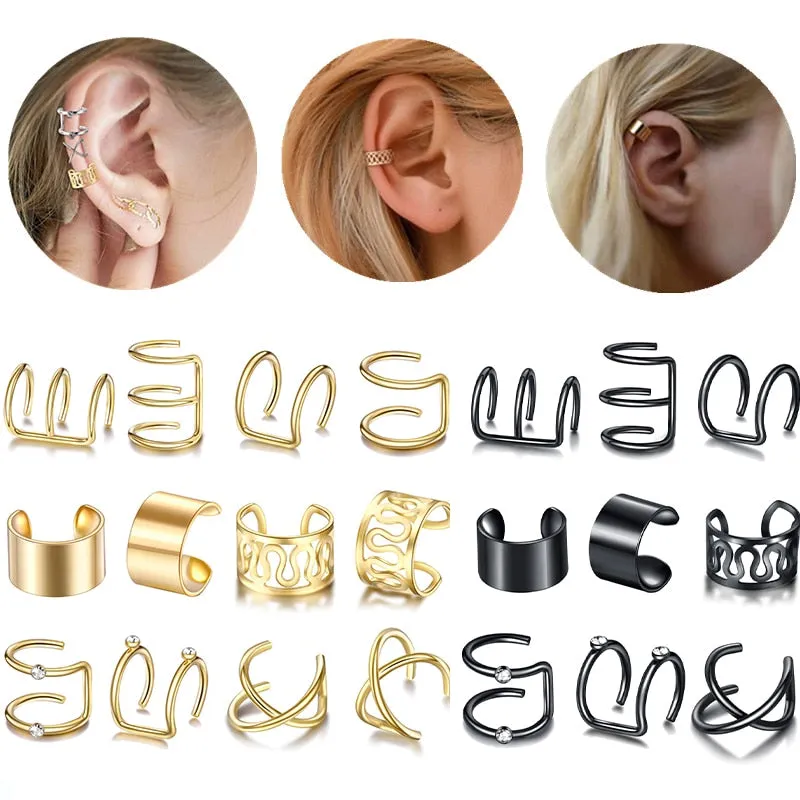 12pcs/set 2020 Fashion Gold Color Ear Cuffs Leaf Clip Earrings for Women Climbers No Piercing Fake Cartilage Earring Accessories