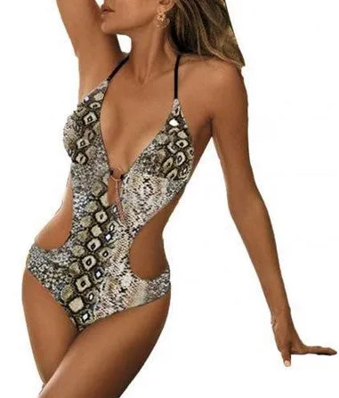 2023 Deep V Monokini Bodysuit Print One Piece Swimsuit Women Swimwear