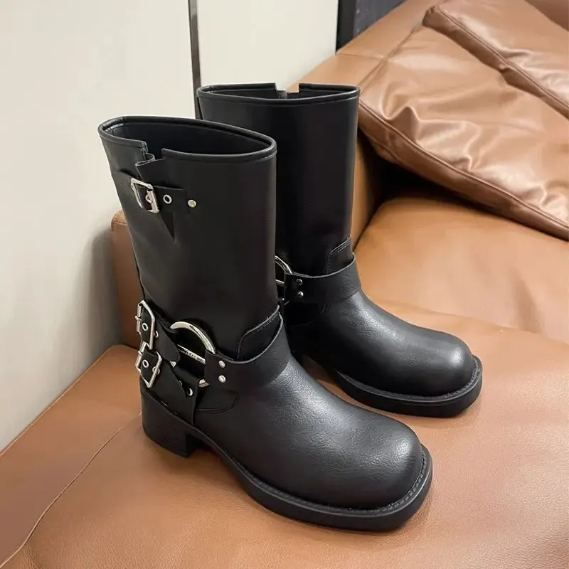 2024 New Soft Leather Thick Heel Boots British Style Rivets Square Head Martin Boots Short Boots