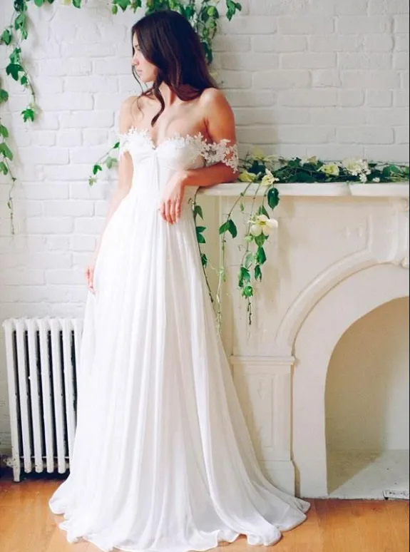 A Line Chiffon Sweetheart Lace Off the Shoulder Beach Wedding Dresses with Pleats JS276