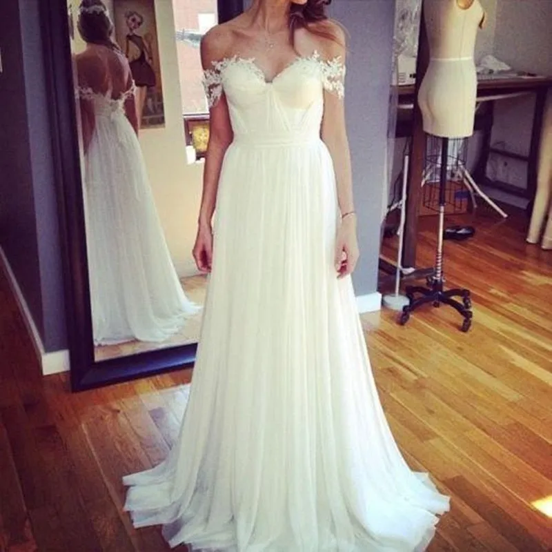 A Line Chiffon Sweetheart Lace Off the Shoulder Beach Wedding Dresses with Pleats JS276