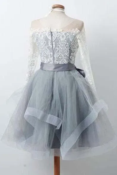 A Line Gray Long Sleeve Scoop Lace Appliques Homecoming Dresses with Belt Prom Dress H1055