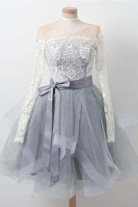 A Line Gray Long Sleeve Scoop Lace Appliques Homecoming Dresses with Belt Prom Dress H1055