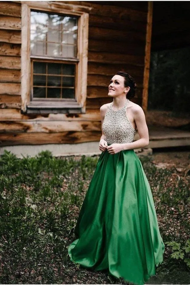 A Line Halter Emerald Green Beaded Prom Dresses Backless Satin Long Prom Dresses JS825