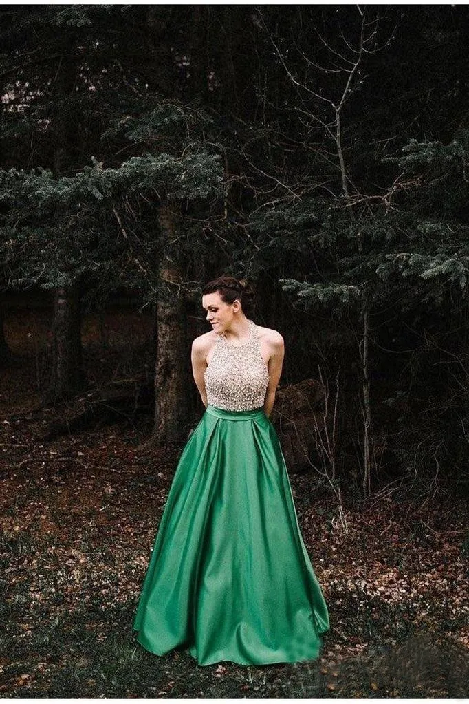 A Line Halter Emerald Green Beaded Prom Dresses Backless Satin Long Prom Dresses JS825