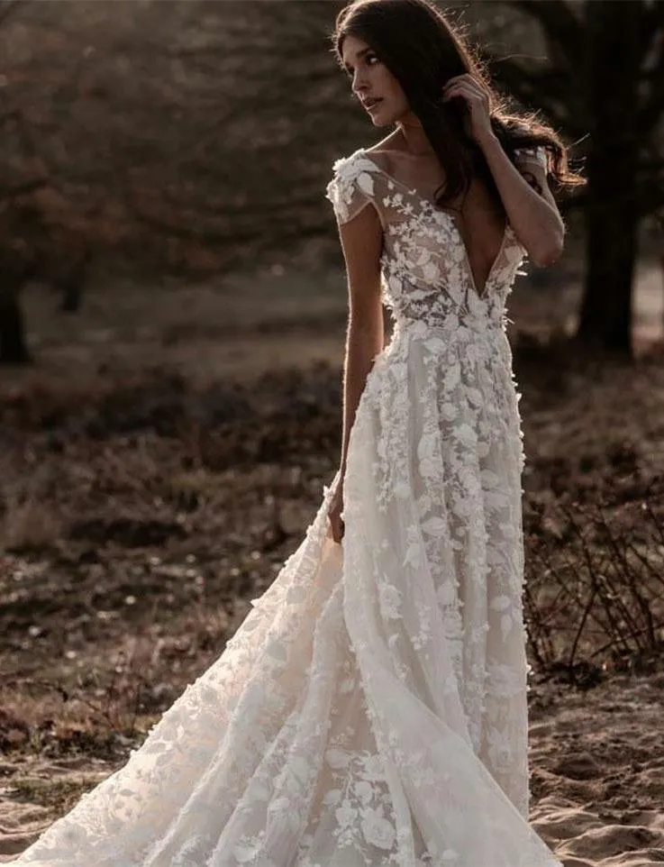 A Line Ivory V Neck Country Wedding Dresses with Appliques, Beach Wedding Gowns SJS15548