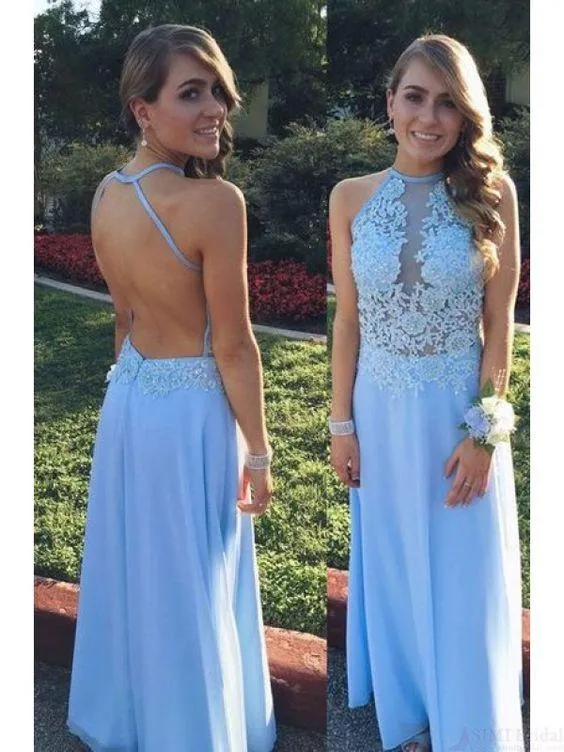 A Line Lace Bodice Backless Long Chiffon Prom Dresses Dresses