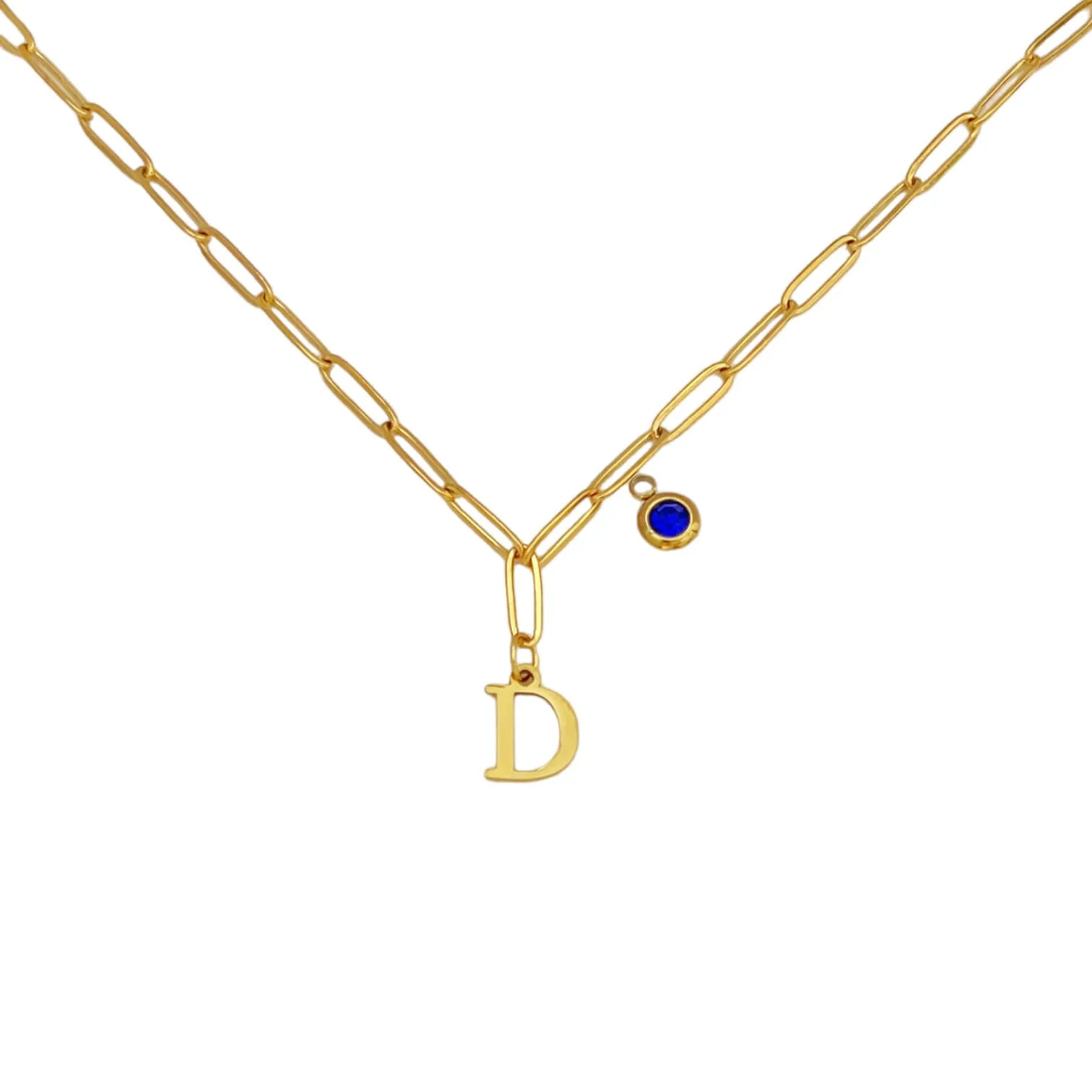 Alphabet Birthstone Paperclip Necklace Gold (A-G)