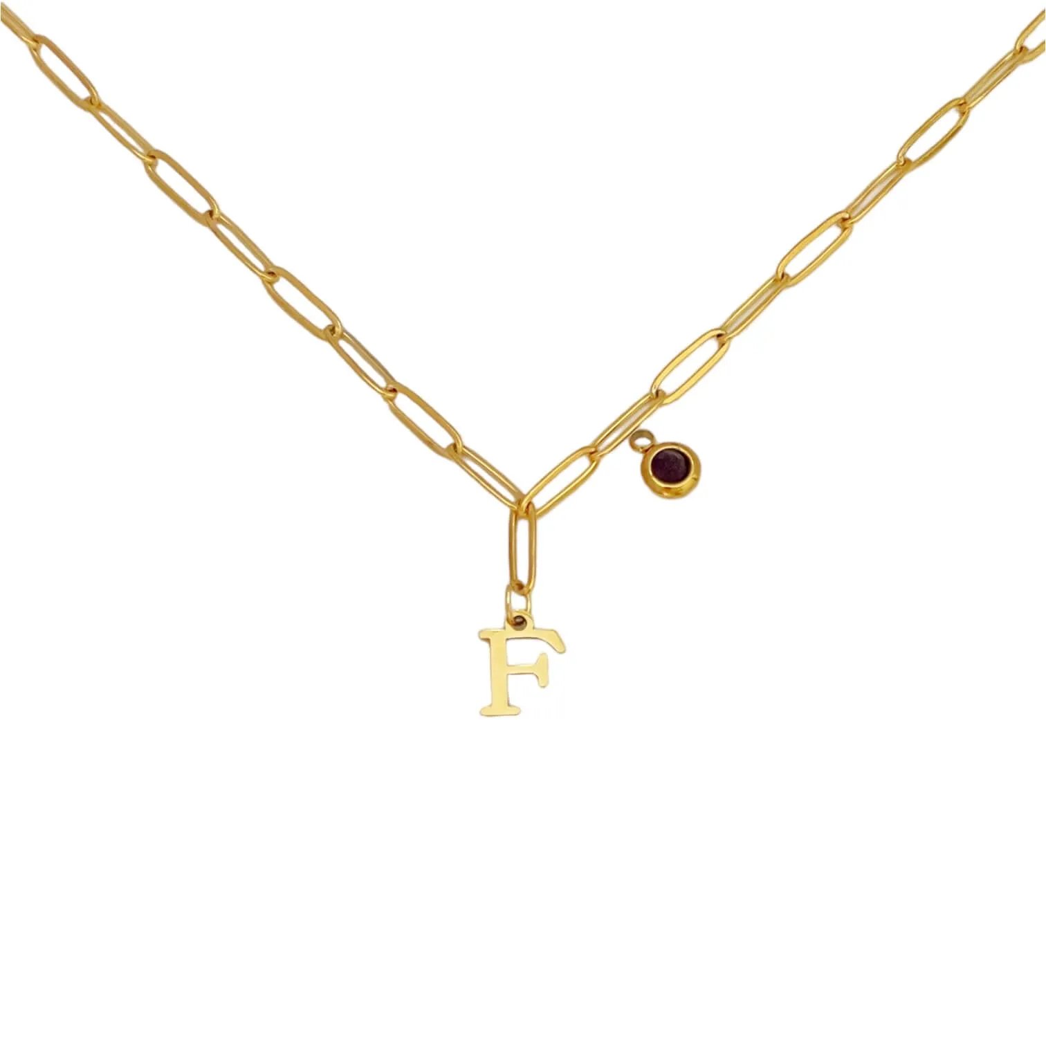 Alphabet Birthstone Paperclip Necklace Gold (A-G)