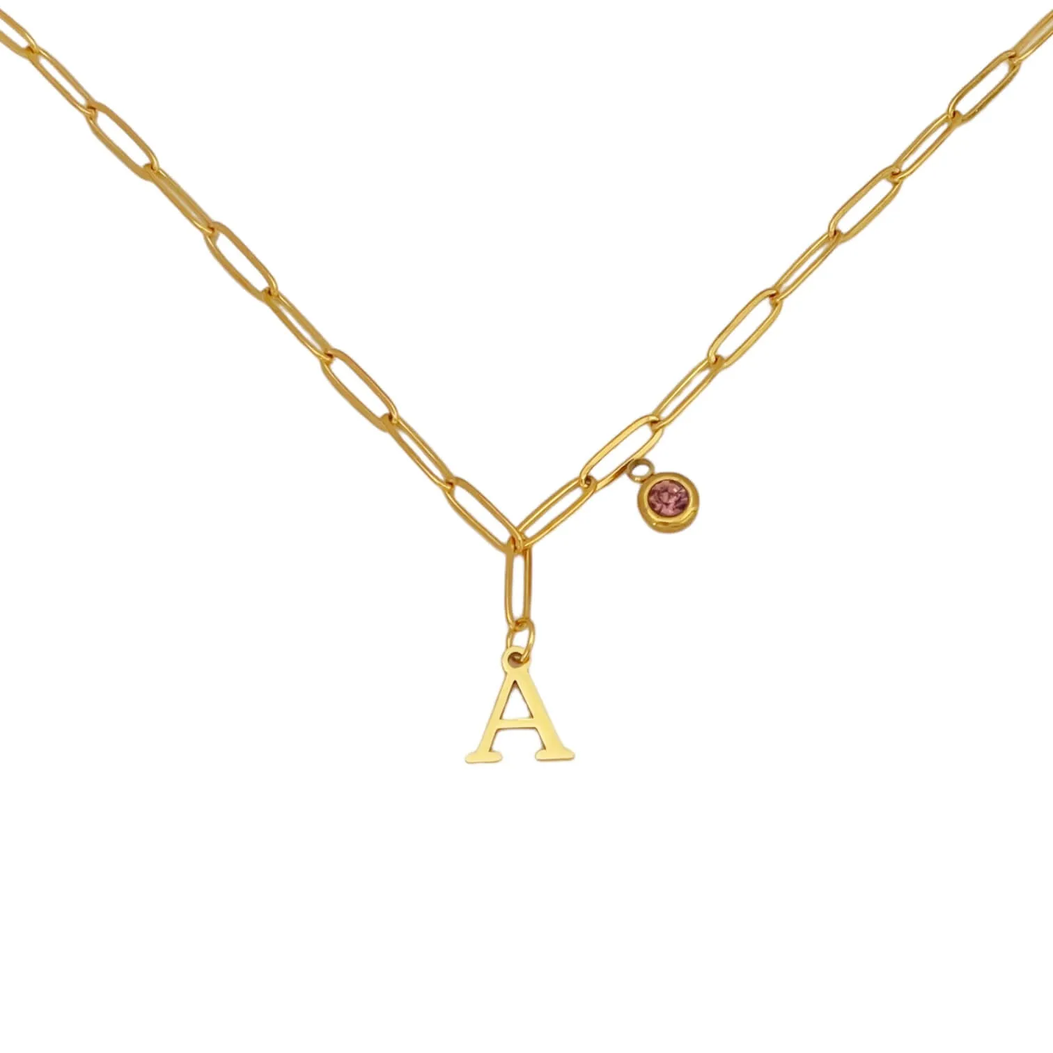 Alphabet Birthstone Paperclip Necklace Gold (A-G)