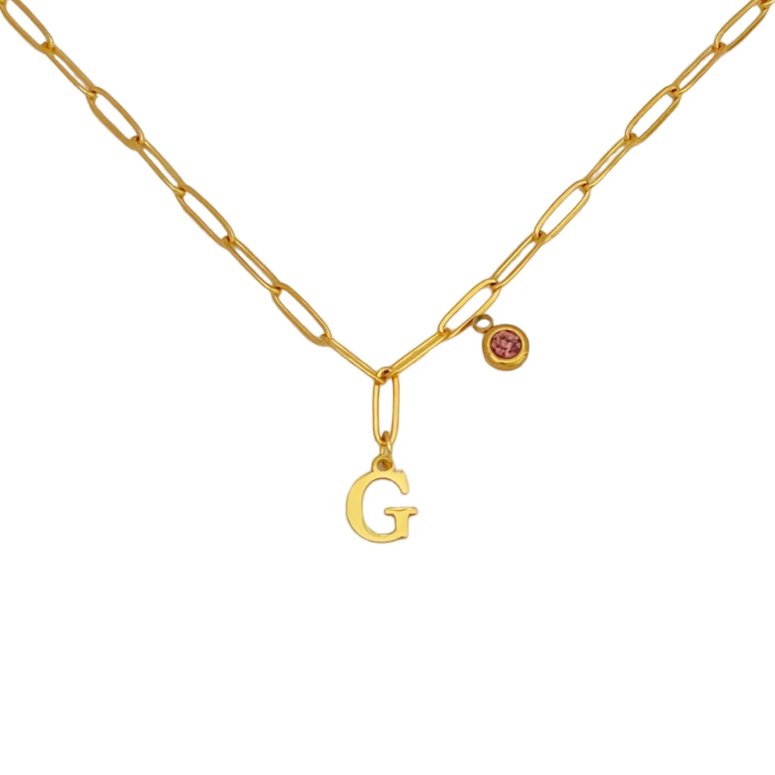 Alphabet Birthstone Paperclip Necklace Gold (A-G)