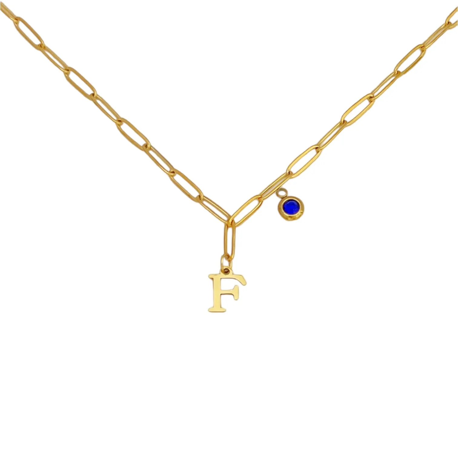 Alphabet Birthstone Paperclip Necklace Gold (A-G)