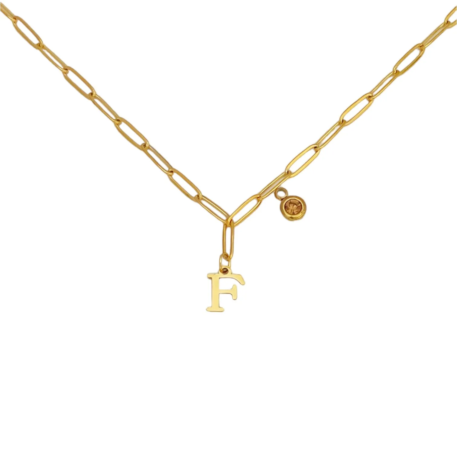 Alphabet Birthstone Paperclip Necklace Gold (A-G)