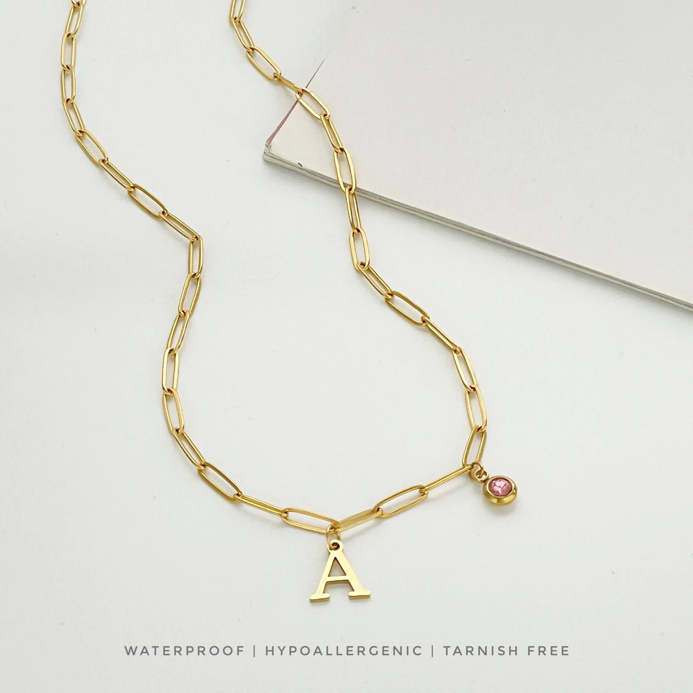 Alphabet Birthstone Paperclip Necklace Gold (A-G)