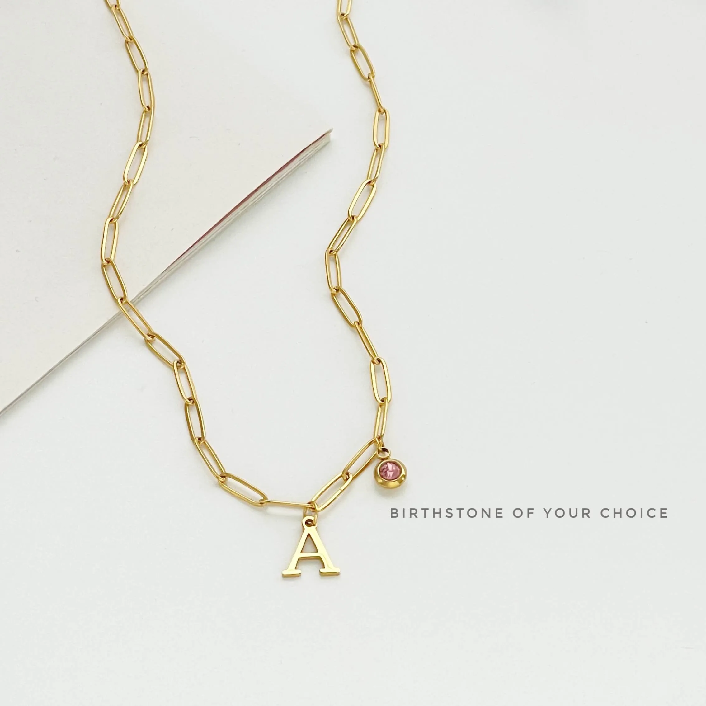 Alphabet Birthstone Paperclip Necklace Gold (A-G)