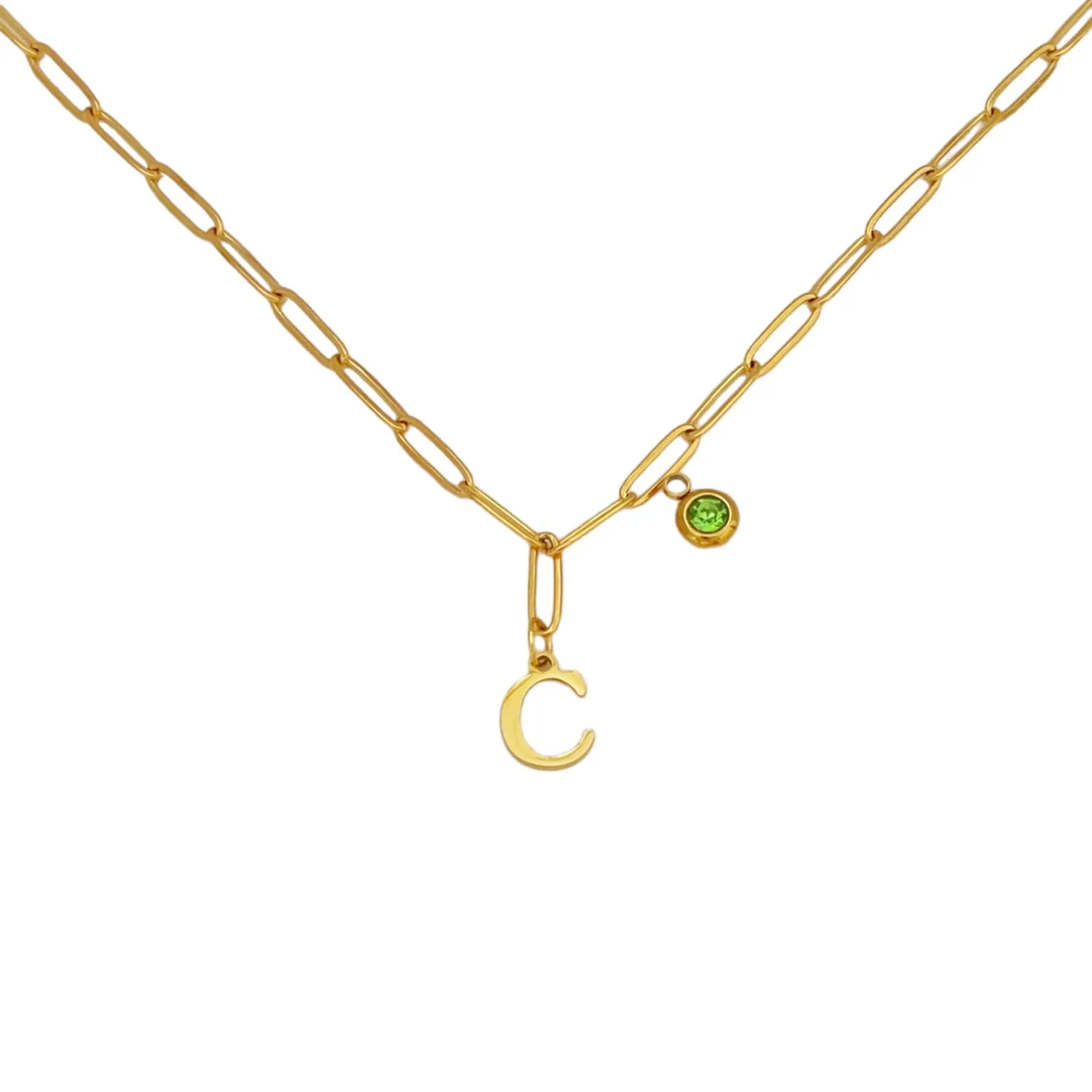 Alphabet Birthstone Paperclip Necklace Gold (A-G)