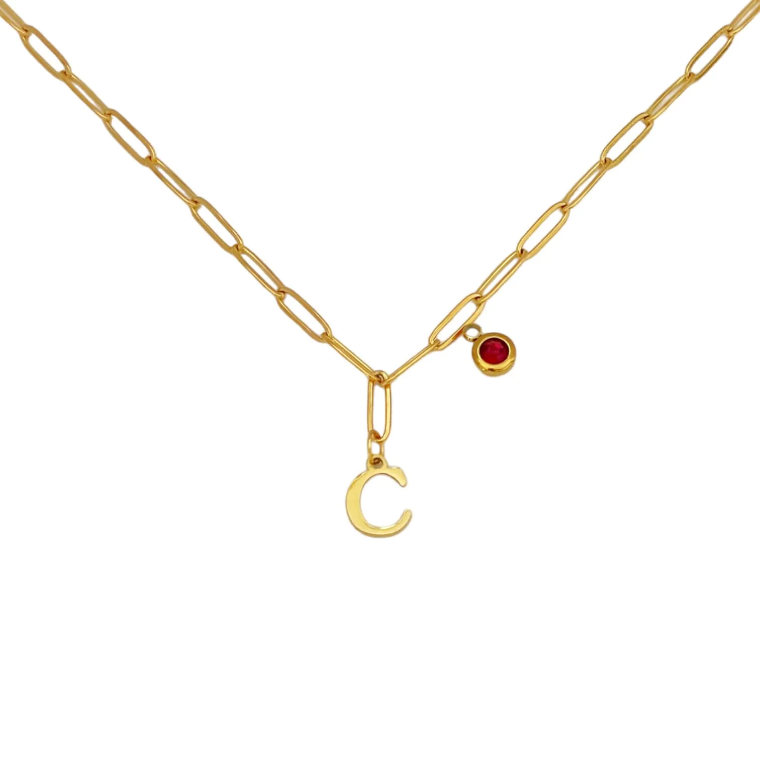 Alphabet Birthstone Paperclip Necklace Gold (A-G)