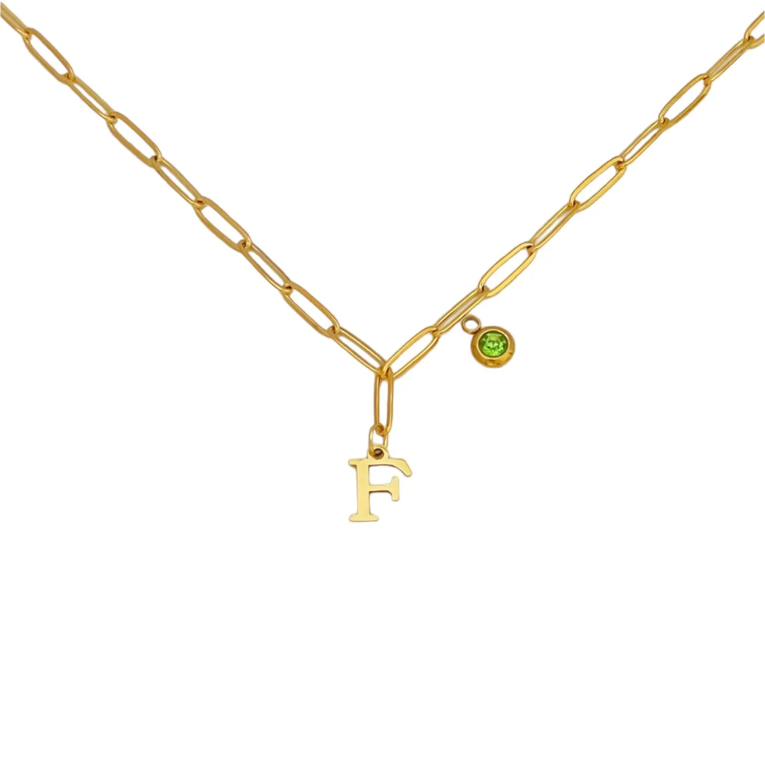 Alphabet Birthstone Paperclip Necklace Gold (A-G)