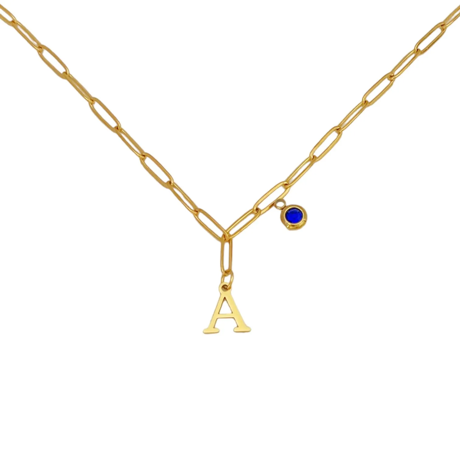 Alphabet Birthstone Paperclip Necklace Gold (A-G)