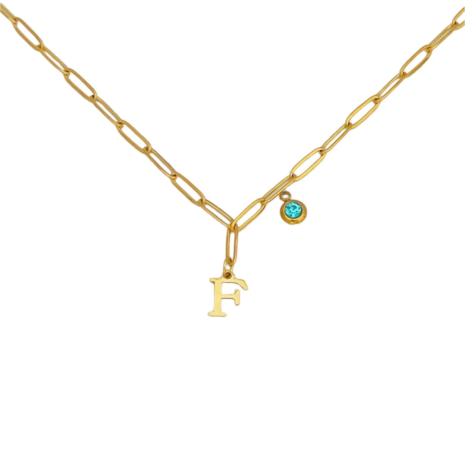 Alphabet Birthstone Paperclip Necklace Gold (A-G)