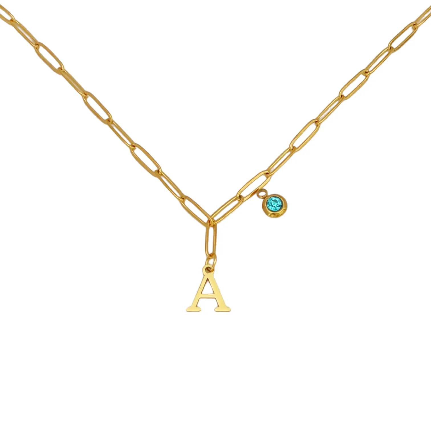 Alphabet Birthstone Paperclip Necklace Gold (A-G)