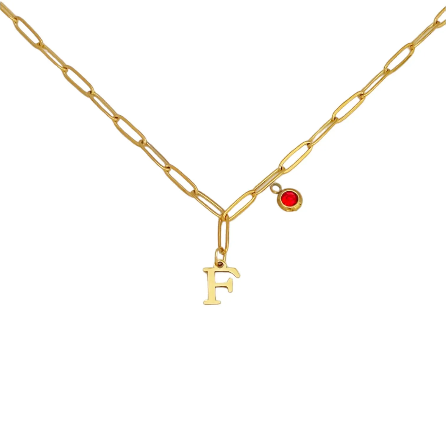 Alphabet Birthstone Paperclip Necklace Gold (A-G)