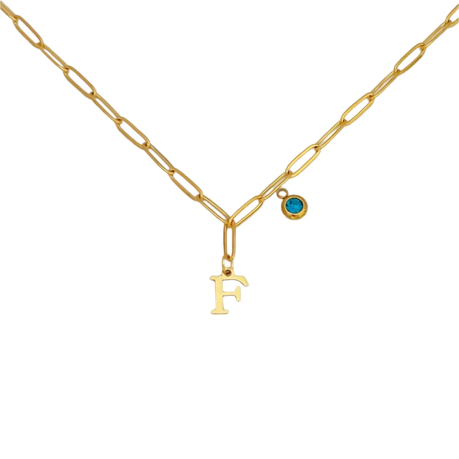 Alphabet Birthstone Paperclip Necklace Gold (A-G)