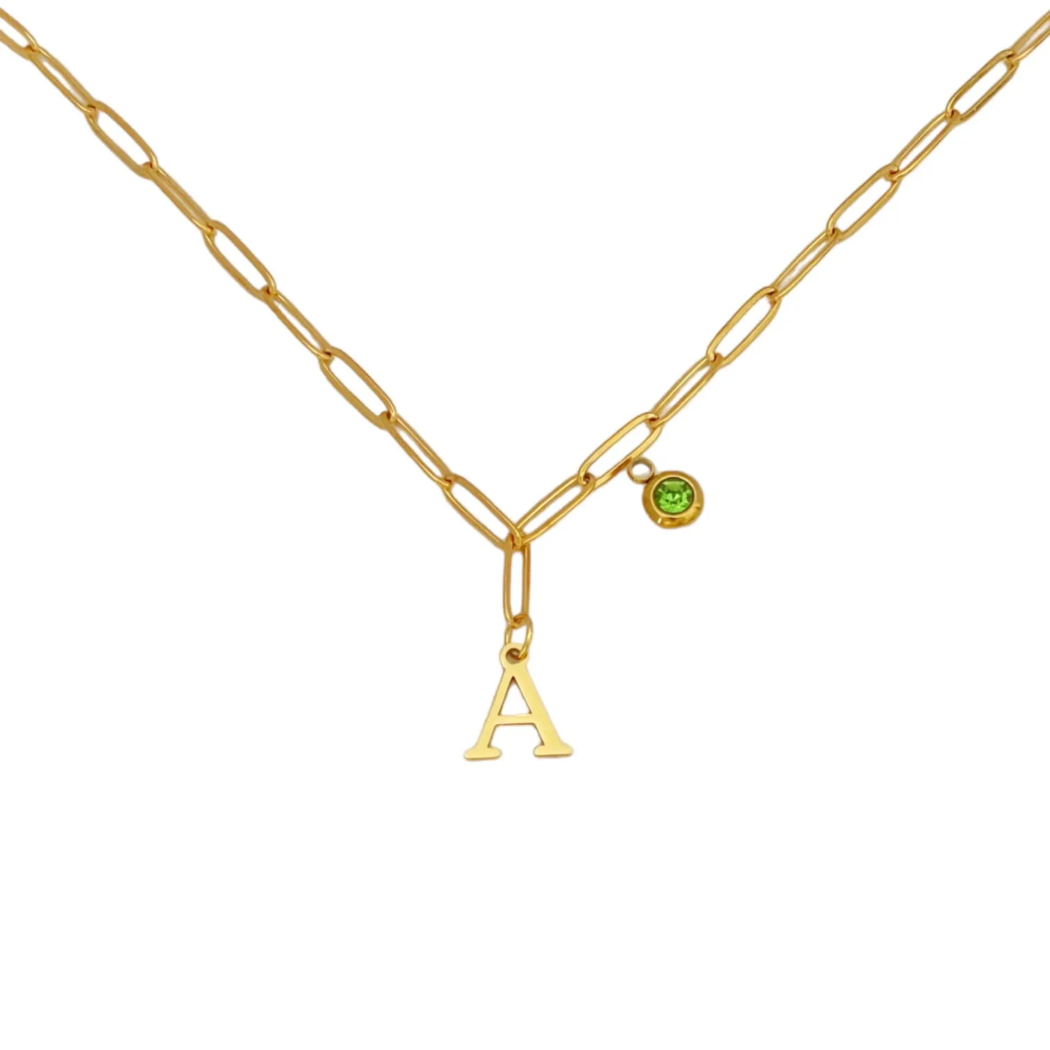 Alphabet Birthstone Paperclip Necklace Gold (A-G)