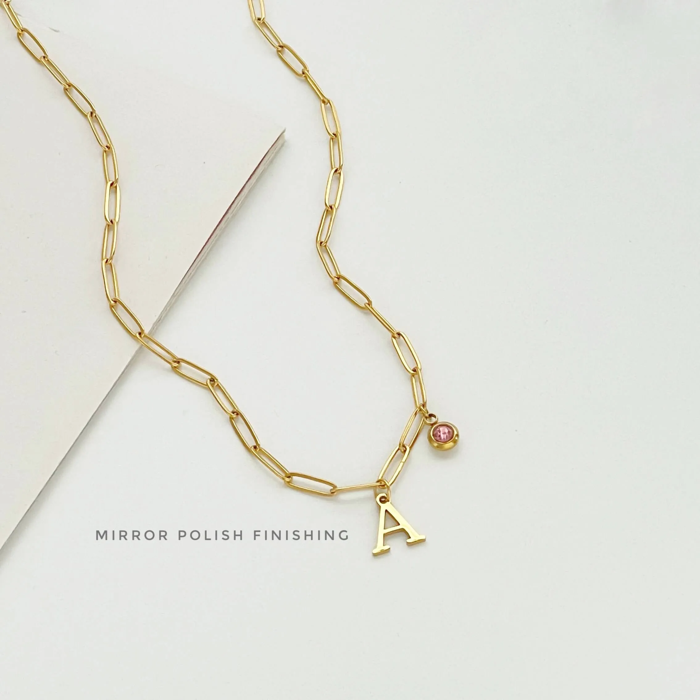 Alphabet Birthstone Paperclip Necklace Gold (A-G)