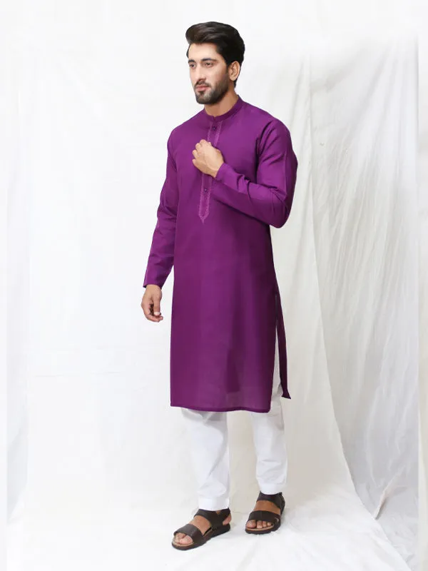 AM Men's Festive Embroidery Kurta Purple