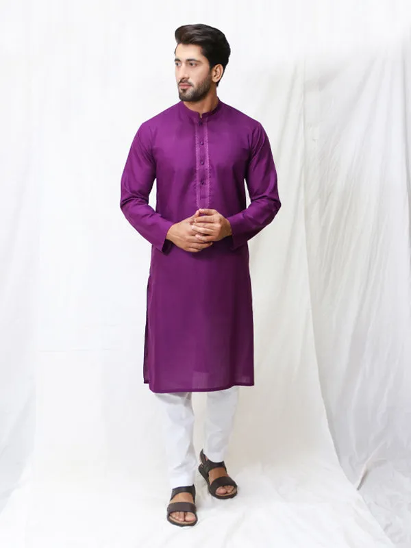 AM Men's Festive Embroidery Kurta Purple