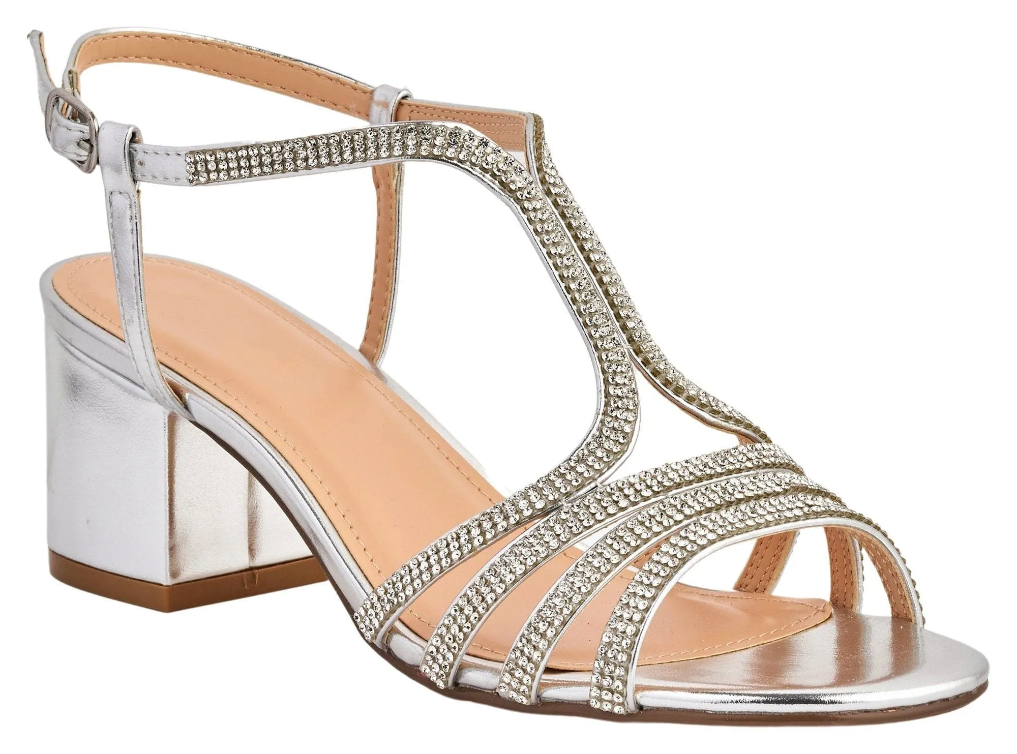 Amanda 3 Diamante Strap T-bar Block Heel Sandal in Silver