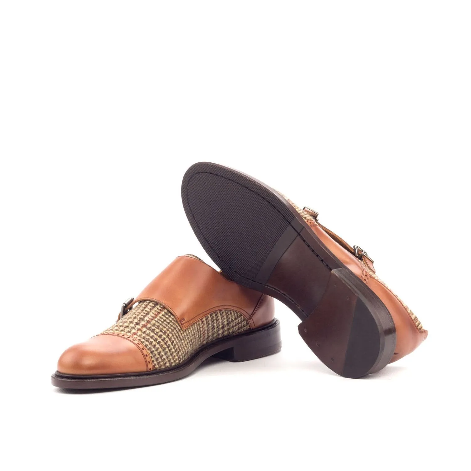 Ambrogio Bespoke Custom Women's Custom Made Shoes Beige & Cognac Fabric / Calf-Skin Leather Monk-Straps Loafers (AMBW1036)