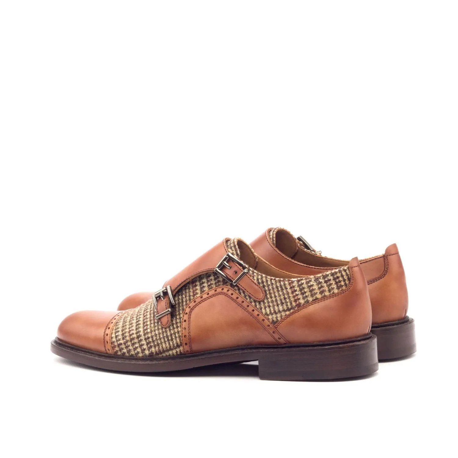 Ambrogio Bespoke Custom Women's Custom Made Shoes Beige & Cognac Fabric / Calf-Skin Leather Monk-Straps Loafers (AMBW1036)