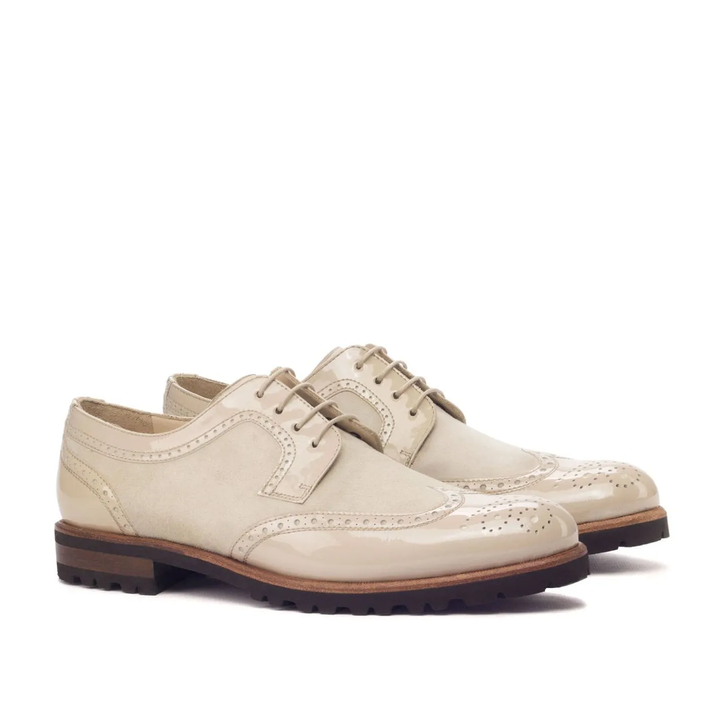 Ambrogio Bespoke Custom Women's Custom Made Shoes Beige Suede / Patent Leather Derby Oxfords (AMBW1027)