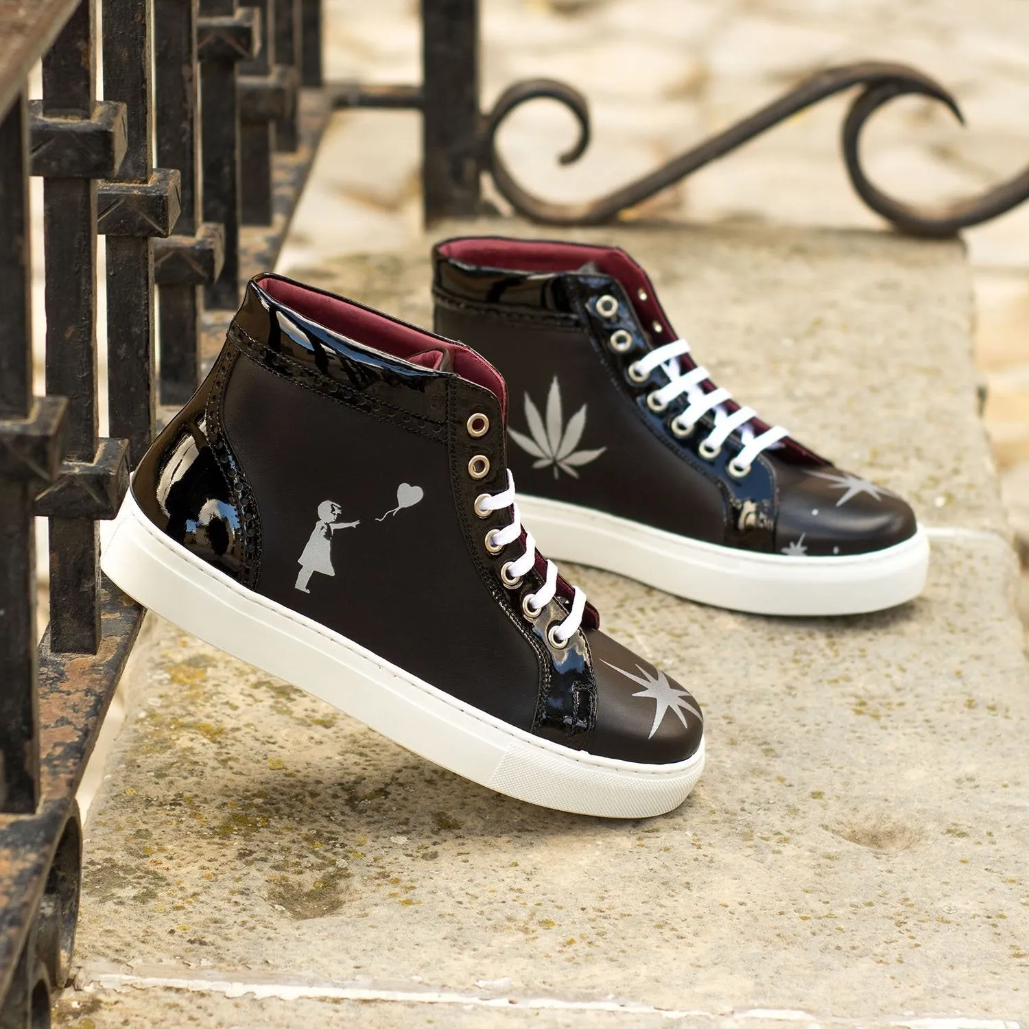 Ambrogio Bespoke Custom Women's Custom Made Shoes Black Patent / Calf-Skin Leather High-Top Sneakers (AMBW1073)