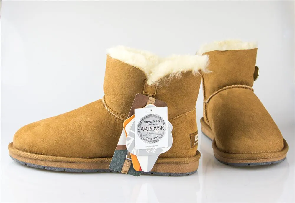 Australian Premium Double Face Sheepskin Mini Crystal Button Boots