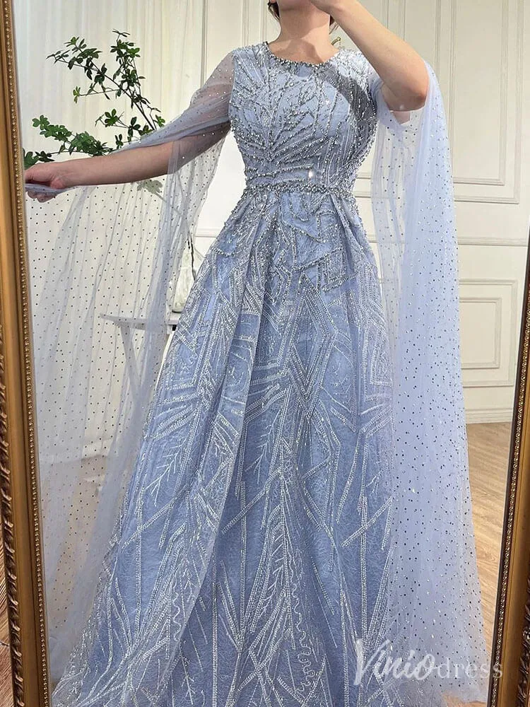 Beaded Lace Cape Sleeve Prom Dresses A-Line Boat Neck Pageant Dress AD1259