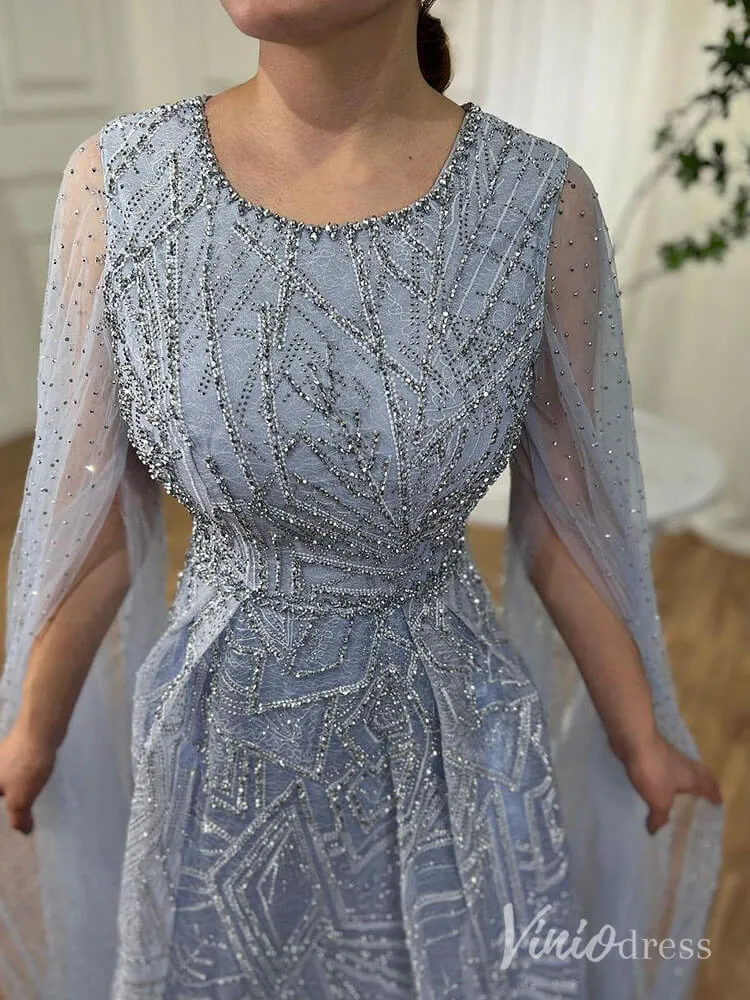 Beaded Lace Cape Sleeve Prom Dresses A-Line Boat Neck Pageant Dress AD1259