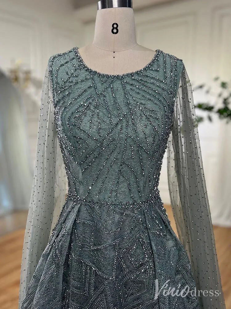 Beaded Lace Cape Sleeve Prom Dresses A-Line Boat Neck Pageant Dress AD1259