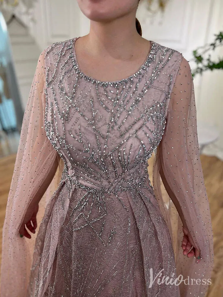 Beaded Lace Cape Sleeve Prom Dresses A-Line Boat Neck Pageant Dress AD1259