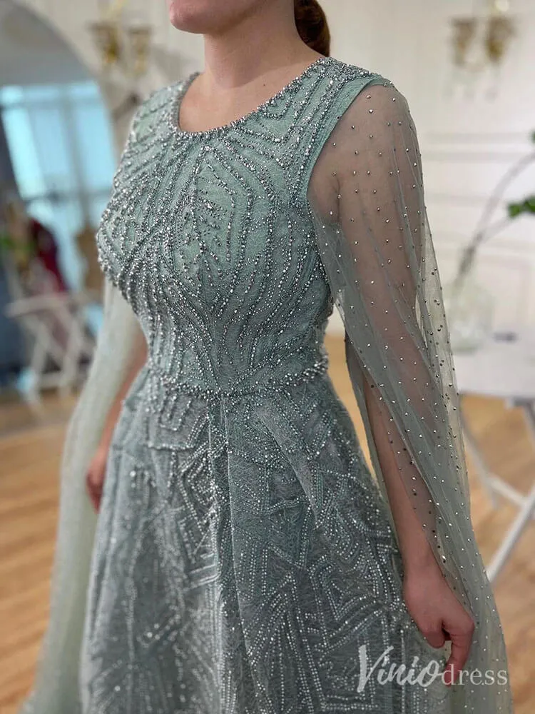 Beaded Lace Cape Sleeve Prom Dresses A-Line Boat Neck Pageant Dress AD1259