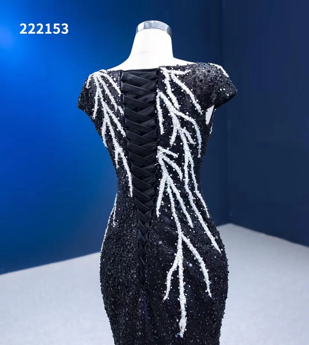 Black & White Evening Dresses Beaded Pageant Dress Cap Sleeve 222153