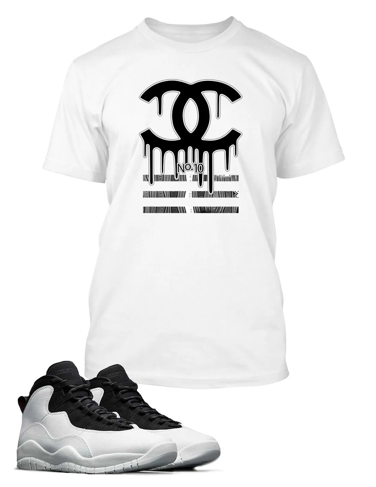 Black and White Drippin GG Graphic T Shirt to Match Air Jordan 10 Retro Shoe