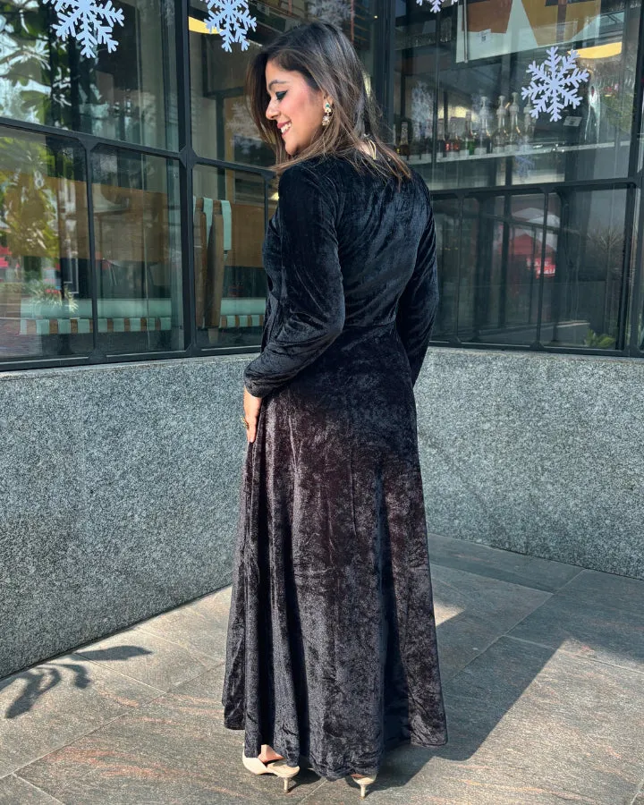 Black Fit and Flare Long Velvet Dress