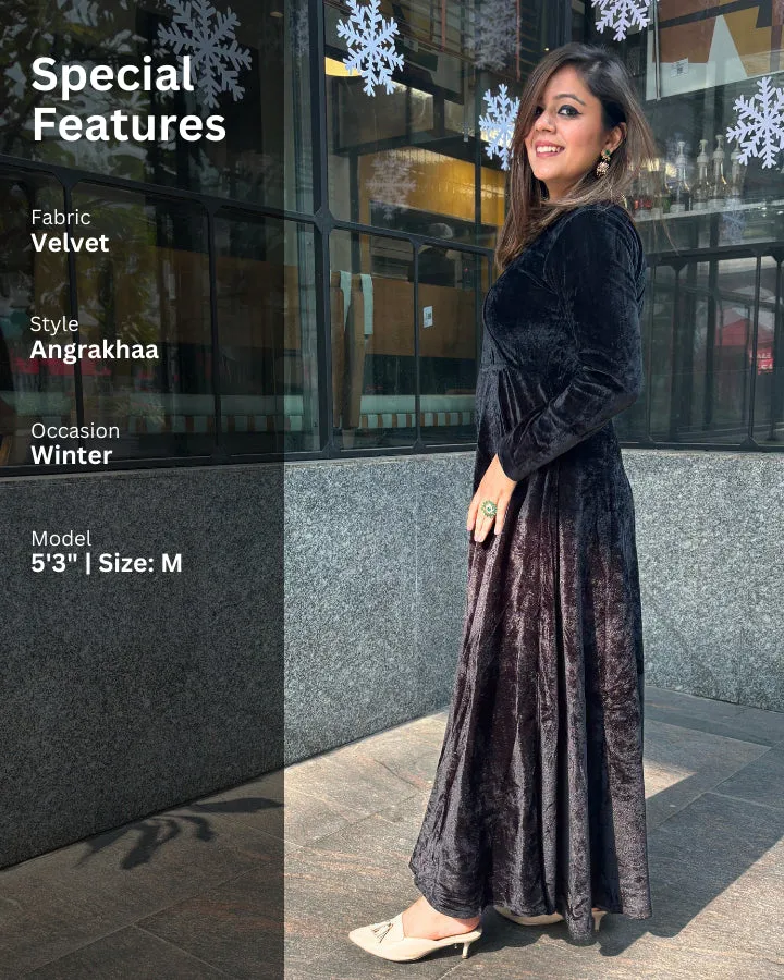 Black Fit and Flare Long Velvet Dress