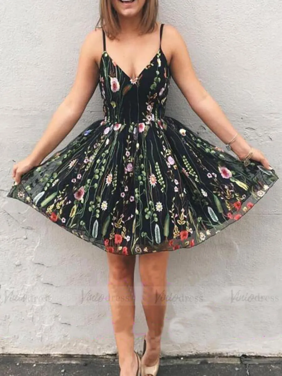 Black Floral Homecoming Dresses Spaghetti Strap SD1082